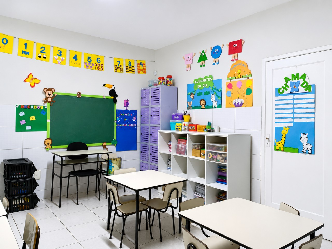 Sala de aula com lousa, mesinhas e materiais pedagógicos